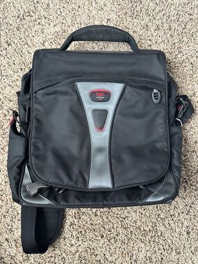 Tumi Black Laptop Messenger Bag with Gray Panels and Red Trim
